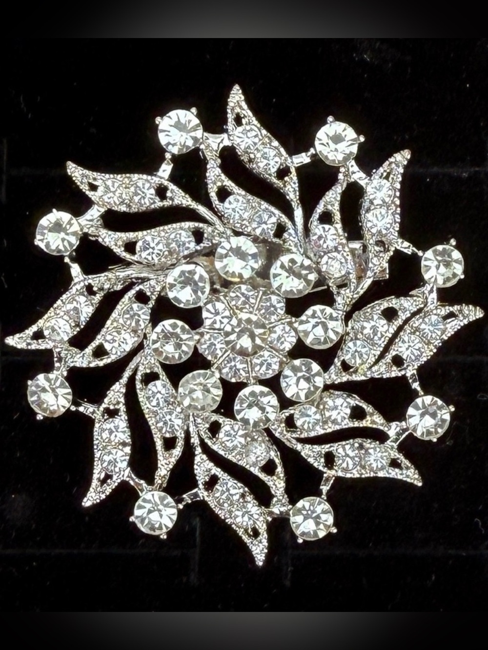 Elegant Silvertone Crystal Flower Brooch